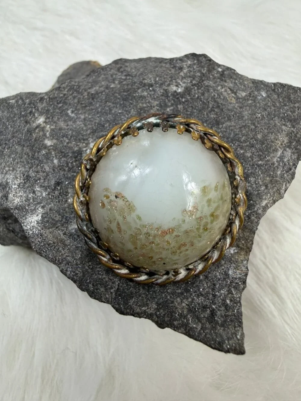 Antique White & Glitter Gold Plate Circle Brooch  C Clasp  1.25
